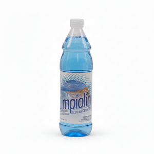 A plastic bottle of Impiolín ice water with blue liquid, a white cap, and a white label featuring the brand name 'Impiolín' and an ice mountain graphic.