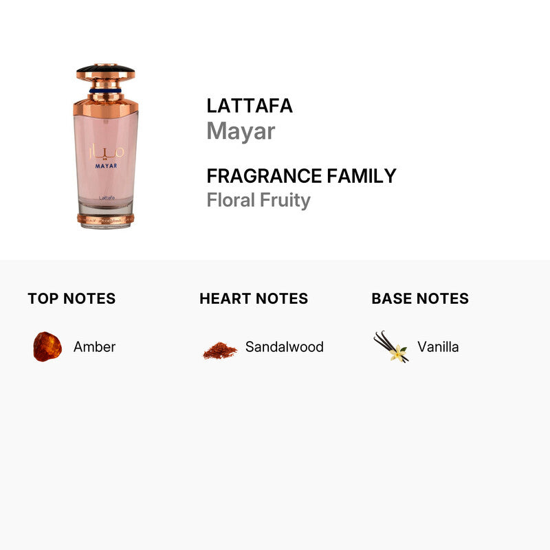 Descubre Lattafa Mayar Eau de Parfum para mujer de 100 ml. Fragancia floral frutal con un fondo de vainilla en Farmacias Savia Puerto Rico. 2