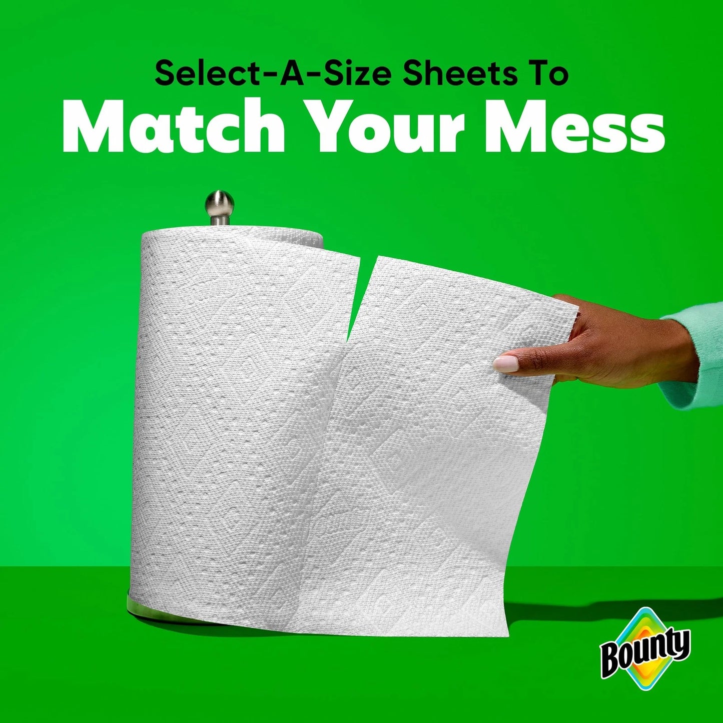 Bounty paper towel roll with a hand pulling a sheet, on a green background with text 'Select-A-Size Sheets To Match Your Mess'.