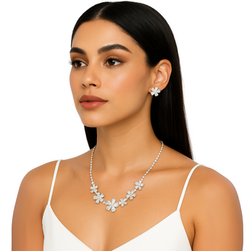 Floral Crystal Necklace & Earrings Jewelry Set