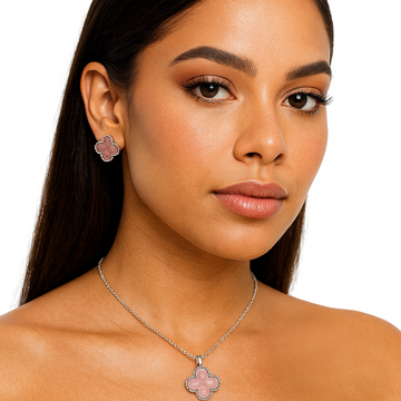 Valentina Pink Clover Enamel Necklace & Earrings Jewelry Set