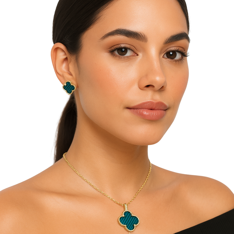 Fortuna Clover Enamel Necklace & Earrings Jewelry Set