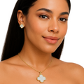 Isabella White Clover Enamel Necklace & Earrings Jewelry Set
