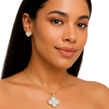 Isabella White Clover Enamel Necklace & Earrings Jewelry Set