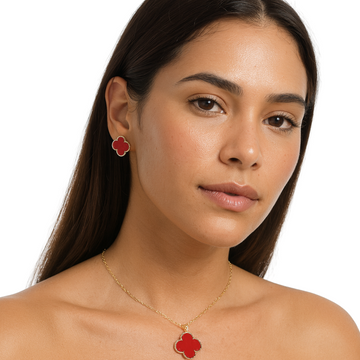 Pasión Red Clover Enamel Necklace & Earrings Jewelry Set