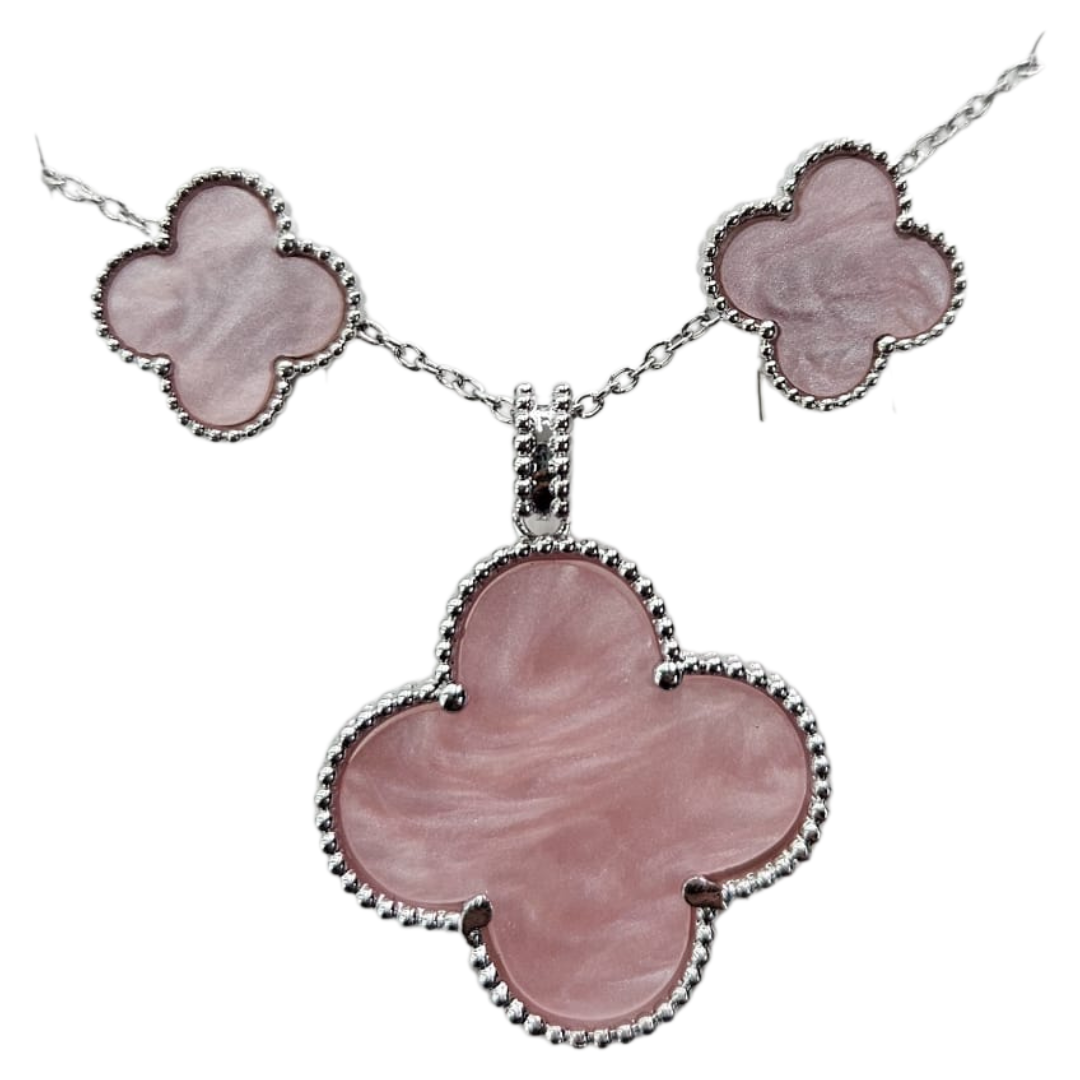 Valentina Pink Clover Enamel Necklace & Earrings Jewelry Set