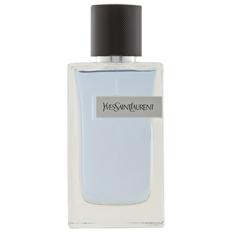 Yves Saint Laurent Eau de Toilette bottle with a light blue liquid, a silver label, and a textured black cap, shown on a white background.